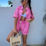 Women Summer Casual Short Sleeve Shirt and Denim Shorts Two Piece Set