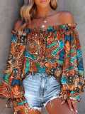 Women Off-Shoulder Printed Contrast Color Puff Sleeve Lace Top