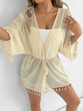 Plus Size Women Solid Tassel Patchwork Casual Beach Bikini Sun Protection Jacket Cover-up