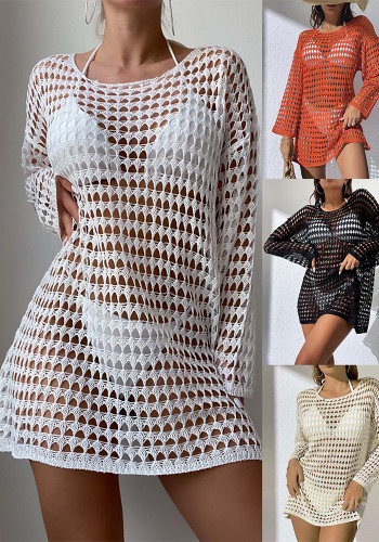 Women Summer Sexy Knitting Hollow Round Neck Long Sleeve Bikini Swimsuit Cover-up