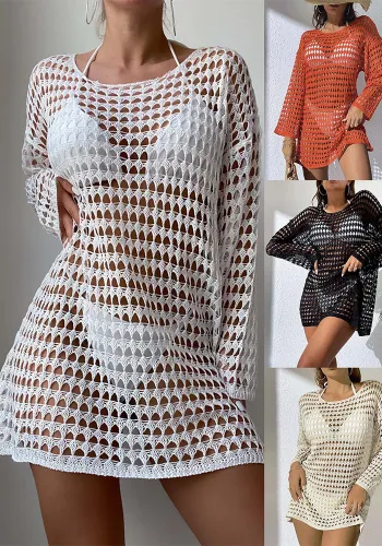 Women Summer Sexy Knitting Hollow Round Neck Long Sleeve Bikini Swimsuit Cover-up