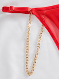 Women red Heart Print chain comfortable See-Through MeshSexy Lingerie Set