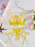 Women yellow flower embroidery patchwork See-Through Mesh Lace-Up Sexy Lingerie Set