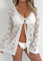 Women Hollow Long Sleeve Sunscreen Bikini Cover-up Lace-Up Beach Jacket