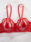 Women Heart Print See-Through Bikini Tassel Hollow Sexy Lingerie Set