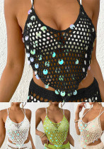 Women Holidays Beach Cover-up Sequin Patchwork Irregular Strap Sexy Bikini Top
