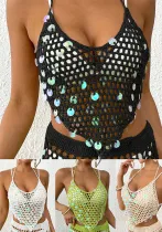 Women Holidays Beach Cover-up Sequin Patchwork Irregular Strap Sexy Bikini Top
