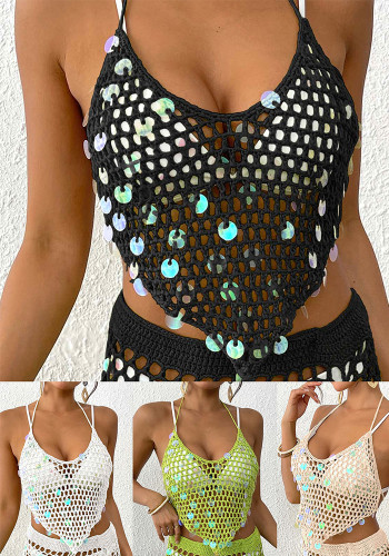 Women Holidays Beach Cover-up Sequin Patchwork Irregular Strap Sexy Bikini Top
