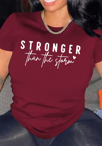 Women Summer Letter Print Short Sleeve Solid Round Neck T-Shirt