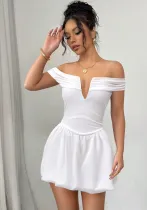 Women Summer Off Shoulder V Neck Pleated Raglan Sleeve Sexy Backless Dress