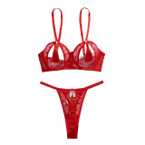 Women Heart Print See-Through Bikini Tassel Hollow Sexy Lingerie Set