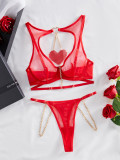Women red Heart Print chain comfortable See-Through MeshSexy Lingerie Set