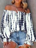 Women Off-Shoulder Printed Contrast Color Puff Sleeve Lace Top