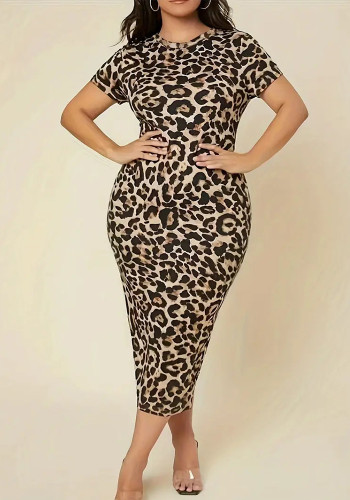 Plus Size Women Round Neck Leopard Bodycon Dress