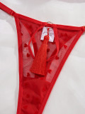 Women Heart Print See-Through Bikini Tassel Hollow Sexy Lingerie Set