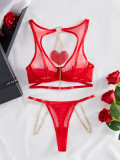 Women red Heart Print chain comfortable See-Through MeshSexy Lingerie Set