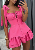 Women Beach Holidays Suspender Lace-Up Waist Solid Dress