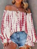 Women Off-Shoulder Printed Contrast Color Puff Sleeve Lace Top