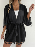 Plus Size Women Solid Tassel Patchwork Casual Beach Bikini Sun Protection Jacket Cover-up