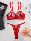 Women Heart Print See-Through Bikini Tassel Hollow Sexy Lingerie Set