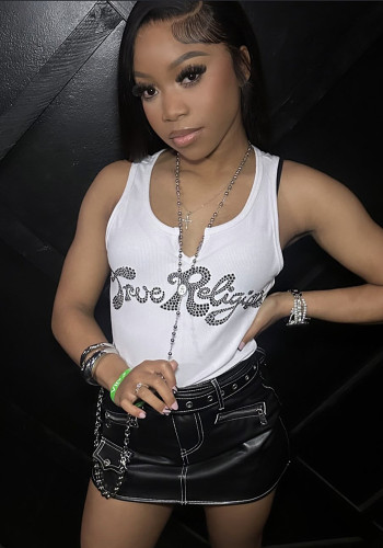 Women Sexy Letter Print Sleeveless U Neck T-shirt