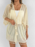 Plus Size Women Solid Tassel Patchwork Casual Beach Bikini Sun Protection Jacket Cover-up
