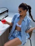 Women Summer Casual Short Sleeve Shirt and Denim Shorts Two Piece Set