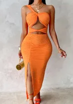 Women summer solid one-shoulder hollow sexy slit dress
