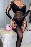 Women Lace See-Through Jacquard Fishnet Stockings Halter Neck Lace Long Sleeve One-Piece Stockings Sexy Lingerie