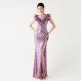 Sequined Ruffled Shoulder Sleeve Fishtail Slim Evening Dress for Formal Parties