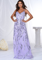 Women's Luxury Strap V-Neck Slim Waist Sequin Formal Party Evening Dress