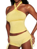 Summer Casual Sexy Knot Halter Neck Vest with Waist Drawstring Shorts Set