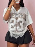 Printed Loose Casual Street See-Through Sexy Lace Patchwork Top for Women