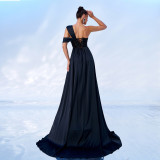 Women's Luxury One-Shoulder Slim Waist Sequin Slit Formal Party Evening Dress