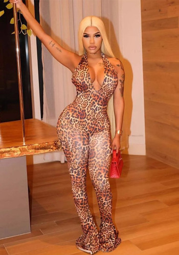 Spring Summer Sexy Leopard Print Tight-Fitting Halter Neck Low Back Butt Lift Jumpsuit