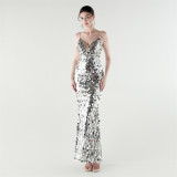 Tassel Sequined Deep V-Neck Low Back Fishtail Evening Dress for Summer Dinners