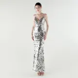 Tassel Sequined Deep V-Neck Low Back Fishtail Evening Dress for Summer Dinners