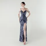 Elegant Deep V Strap Sequin Evening Dress