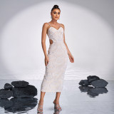 Women's Luxury Strap V-Neck Slim Hollow Sequin Bead Formal Party Evening Dress