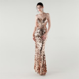 Tassel Sequined Deep V-Neck Low Back Fishtail Evening Dress for Summer Dinners
