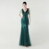 V-Neck Off-Shoulder Mesh Swing Luxury Slim Sequined Evening Dress