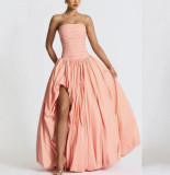 Strapless Solid Color Fashion Slit Maxi Dress for Women