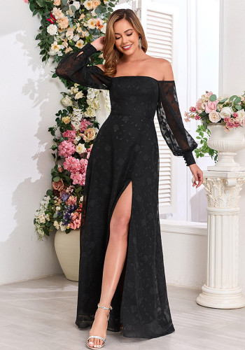 Black Off-Shoulder Long Sleeve Chiffon Embroidered High Slit Evening Dress