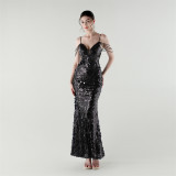 Tassel Sequined Deep V-Neck Low Back Fishtail Evening Dress for Summer Dinners