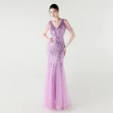 V-Neck Off-Shoulder Mesh Swing Luxury Slim Sequined Evening Dress