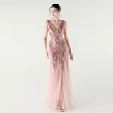 V-Neck Off-Shoulder Mesh Swing Luxury Slim Sequined Evening Dress