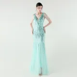 V-Neck Off-Shoulder Mesh Swing Luxury Slim Sequined Evening Dress