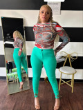 Printed Street Trend Slim Mesh Round Neck Pattern Top for Women