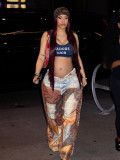 Denim Leather Print Wide-Leg Pants for Women