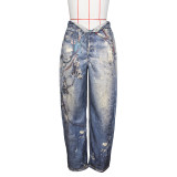 Denim Leather Print Wide-Leg Pants for Women